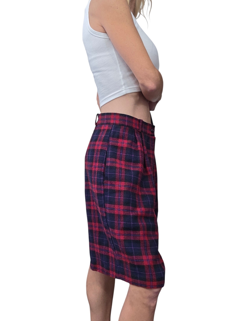 Vintage 80s Red Navy Plaid Wool Blend Pleated Bermuda Shorts 12 USA - Picture 3 of 7
